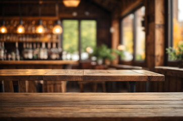 Fototapeta na wymiar Empty wooden table with blur rustic bar restaurant cafe background
