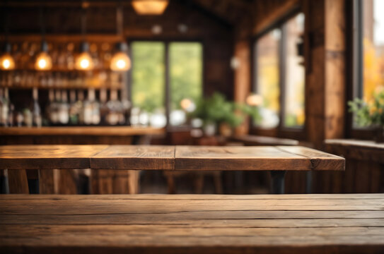 Empty wooden table with blur rustic bar restaurant cafe background