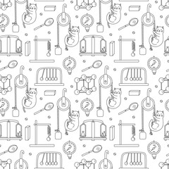 Physics sciences seamless pattern with funny cat. Vector hand drawn doodle illustration on white background.