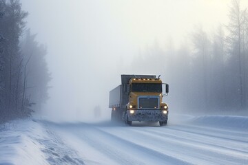 truck on snowy road in heavy blizzard. Generative AI - obrazy, fototapety, plakaty