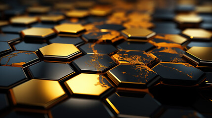 Fototapeta premium Digital Geometric Technology Black and Gold Hexagon Background