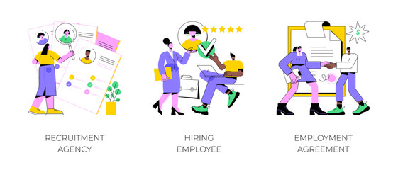 Head hunting abstract concept vector illustration set. Recruitment agency, hiring employee, employment agreement, job listing, resume, vacant job position, contract form, interview abstract metaphor.