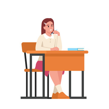 vector illustration of a schoolgirl sitting at a desk	