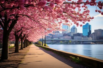 Pittsburgh's blooming cherry trees. Generative AI - obrazy, fototapety, plakaty