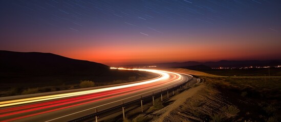 light trails on the road starry night sky background