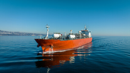 Aerial view of LPG gas ship. Gas carrier, gas tanker sailing in ocean - 657672859