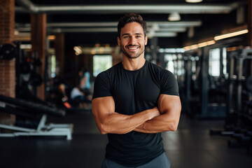Man gym teacher wearing a black t-shirt smiling at camera