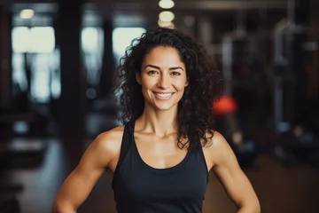 Papier Peint photo Fitness A woman gym teacher wearing a black t-shirt smiling at the camera