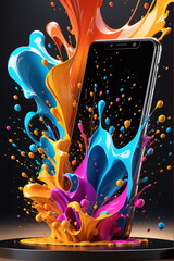 Smartphone Mobiltelefon mit flüssigen Farbspritzern aus dem Display kommend als Symbol für digitale Kreativität und moderne Vielfalt und Diversität.