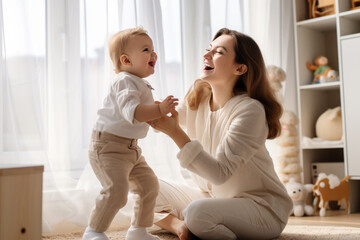Happy mother and child playing in the living room