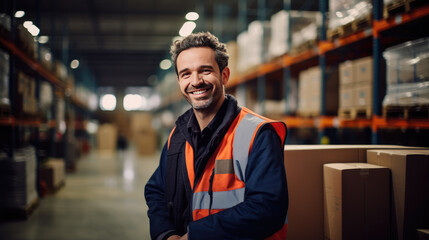 Happy young worker man factory manager working in warehouse while smiling - Generative AI - Powered by Adobe