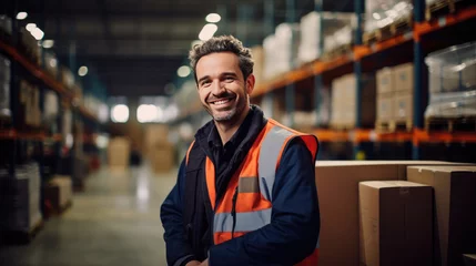 Foto op Plexiglas Happy young worker man factory manager working in warehouse while smiling - Generative AI © Oulailux