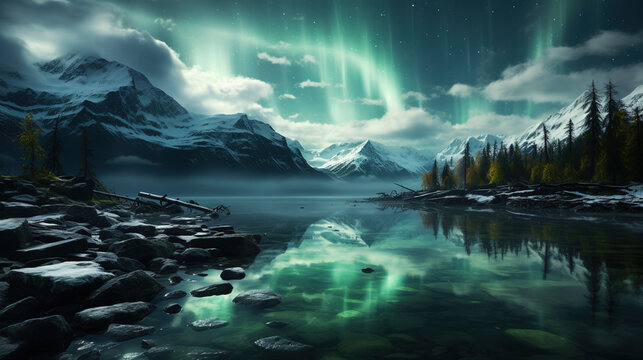 Big Snow Moutains Reflect on Frozon Lake Water Alps Foggy Aurora Background