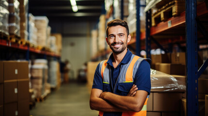 Happy young worker man factory manager working in warehouse while smiling - Generative AI