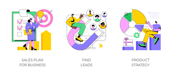 Marketing plan and business strategy abstract concept vector illustration set. Sales plan for business, find leads, product strategy, budget growth, brand awareness, target group abstract metaphor.