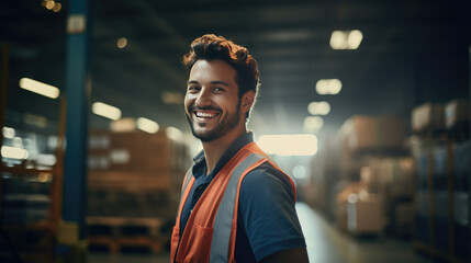 Happy young worker man factory manager working in warehouse while smiling - Generative AI - obrazy, fototapety, plakaty