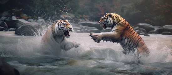 Zelfklevend Fotobehang lions and tigers fight in the middle of river water flowing between rocks © gufron