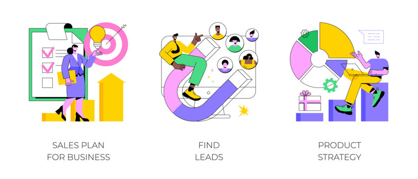 Marketing plan and business strategy abstract concept vector illustration set. Sales plan for business, find leads, product strategy, budget growth, brand awareness, target group abstract metaphor.