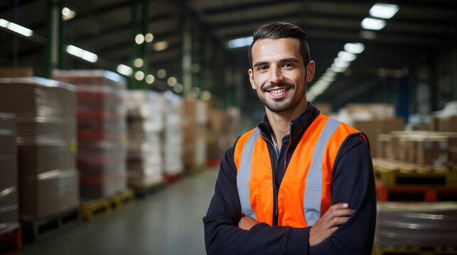 Happy young worker man factory manager working in warehouse while smiling - Generative AI