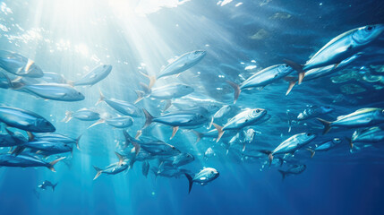 lot of small fish in the sea under water / fish colony, fishing, ocean wildlife scene - Powered by Adobe