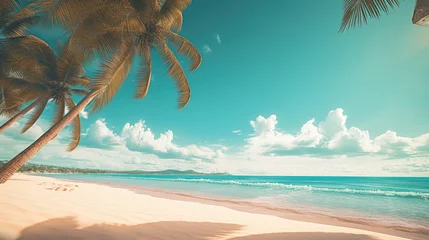 Foto op Canvas Palm trees shadow on the sandy beach and turquoise ocean from above. Amazing summer nature landscape. Stunning sunny beach scenery, relaxing peaceful and inspirational beach vacation template © Oulailux
