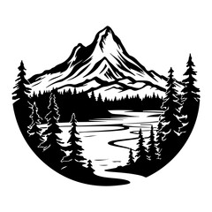 mountain icons set, hills, forest, wood, trees, rivers, lakes, nature landscape icons, travel mountain lake forest silhouette, 