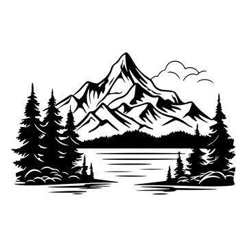 mountain icons set, hills, forest, wood, trees, rivers, lakes, nature landscape icons, travel mountain lake forest silhouette, 