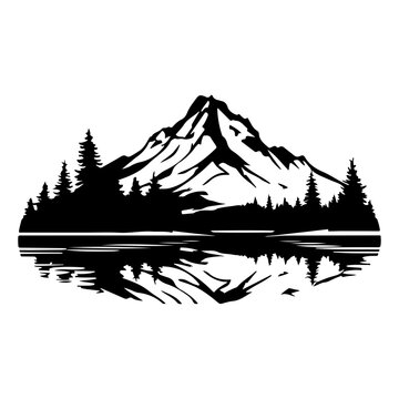 mountain icons set, hills, forest, wood, trees, rivers, lakes, nature landscape icons, travel mountain lake forest silhouette, 