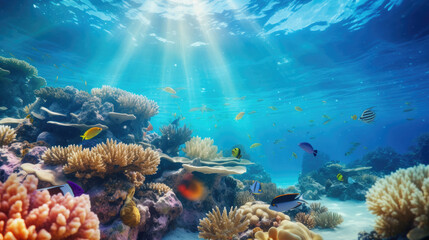 Fototapeta na wymiar Underwater world. Coral reef and fishes in Red sea at Egypt