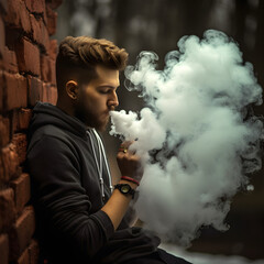 Cloudy smoke coming out of the mouth of a smoker. Concept of heavy smoking, chain smoker or vaping.