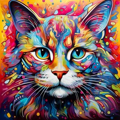 Portrait of a cat in a fashionable combination of pop art and groove styles on a bright background of abstract flying spots. Vintage illustration, poster, 70s retro style