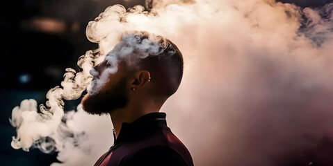 Cloudy smoke coming out of the mouth of a smoker. Concept of heavy smoking, chain smoker or vaping. - obrazy, fototapety, plakaty