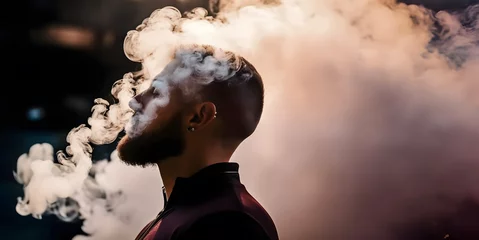 Foto op Plexiglas Cloudy smoke coming out of the mouth of a smoker. Concept of heavy smoking, chain smoker or vaping. © ZayNyi