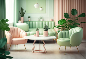 Modern luxury green pink furniture in the light  pastel colors room. Generative AI
