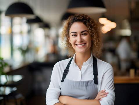 Portrait of smiling waitress standing in cafe