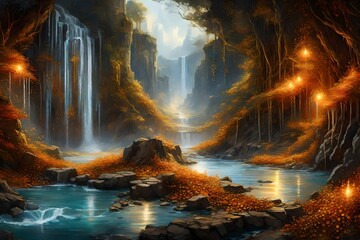 Craft a scene where a waterfall of molten gold flows into a river of liquid silver, surrounded by diamond-studded shores