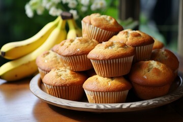 Crunchy muffins made with bananas. Generative AI - obrazy, fototapety, plakaty