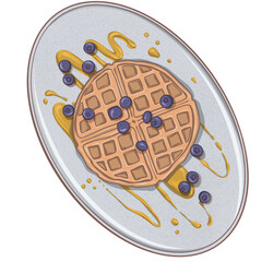Desserts. Waffles with syrup and blueberries. Vintage hand painting. Pastel colours.