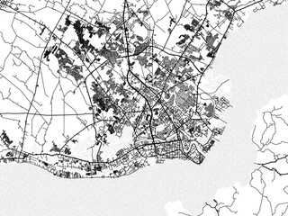 Greyscale vector city map of  Iloilo in the Philippines with with water, fields and parks, and roads on a white background.
