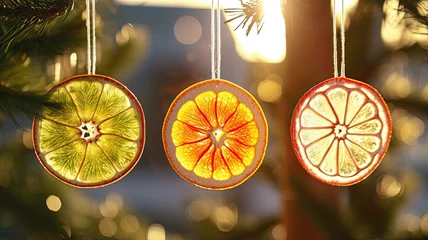 Foto op Plexiglas on individual citrus slice ornaments hanging from a Christmas tree. the translucency of the dried fruit slices as they catch the holiday lights. © lililia