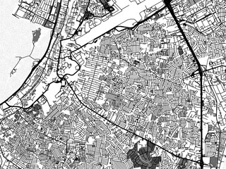 Greyscale vector city map of  Paranaque City in the Philippines with with water, fields and parks, and roads on a white background.