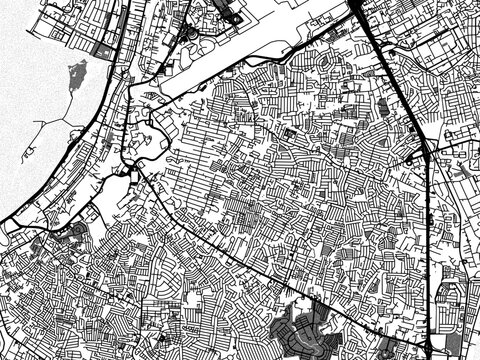 Greyscale vector city map of  Paranaque City in the Philippines with with water, fields and parks, and roads on a white background.