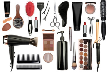 Hairdresser's professional equipment. Hair blow dryer, curling iron, hair dye brush; scissors,...