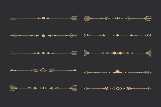Set golden tribal ethnic arrow dividers, native indian bow boho in doodle style isolated on dark background. Collection borders, decoration elements