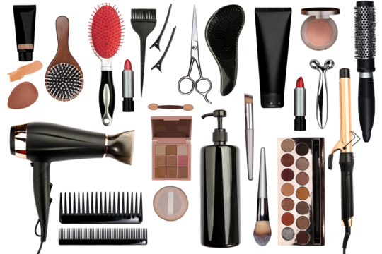 Hairdresser's professional equipment. Hair blow dryer, curling iron, hair dye brush; scissors, comb, make-up, lipstick, eye shadow, powder, shampoo. Beauty routine
