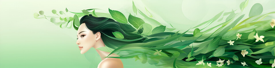 Portrait Asian brunette girl with long healthy hair flowing in the wind with medicinal herbs and leaves on a green background with copy space banner. concept of natural cosmetics for hair and body.