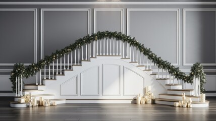 a staircase adorned with Christmas decor in a single color theme, all-white or silver. minimalist ornaments, lights, and garlands that harmonize with the staircase's modern design.