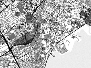 Greyscale vector city map of  Taguig in the Philippines with with water, fields and parks, and roads on a white background.