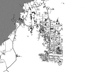 Greyscale vector city map of  Puerto Princesa in the Philippines with with water, fields and parks, and roads on a white background.