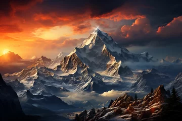 Papier Peint photo autocollant Mont Blanc Superbe montagne au couché du soleil, paysage enneigé, montagne pointu comme l'Everest, beau temps et peu de nuage, 
